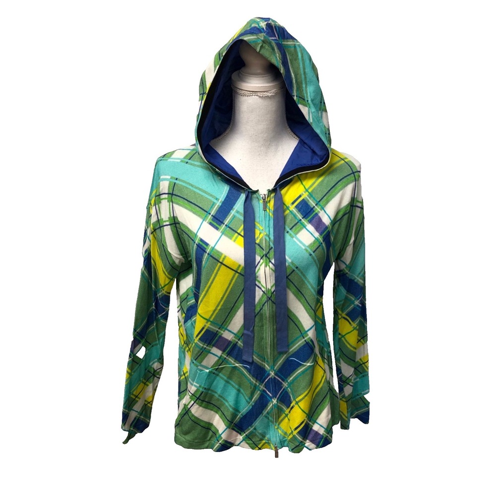 In Bed With You Cardigan Sweater Jumper Womens Small Hooded Plaid Full Zip